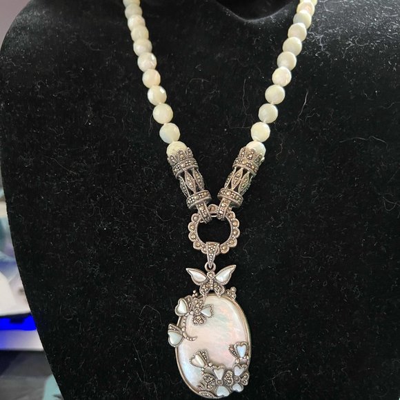 Unknown Jewelry - Artisan 925 Silver MOP Marcasite Faceted Iolite Tourmaline Necklace